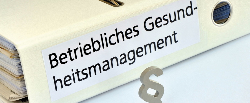 Ein Ordnerrücken mit der Aufschrift: Betriebliches Gesundheitsmanagement. Davor ein Paragraphenzeichen.