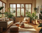 Blick in ein Wohnzimmer mit Möbeln aus Naturmaterialien und Zimmerpflanzen.
