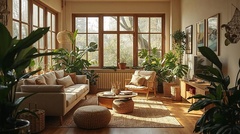 Blick in ein Wohnzimmer mit Möbeln aus Naturmaterialien und Zimmerpflanzen.