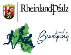 Logo Rheinland-Pfalz in Bewegung mit Länderwappen und einer Zeichnung Sport treibender Menschen vor der Länderkarte.