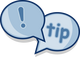 Zwei Sprechblasen mit den Inhalten "!" und "tip"
